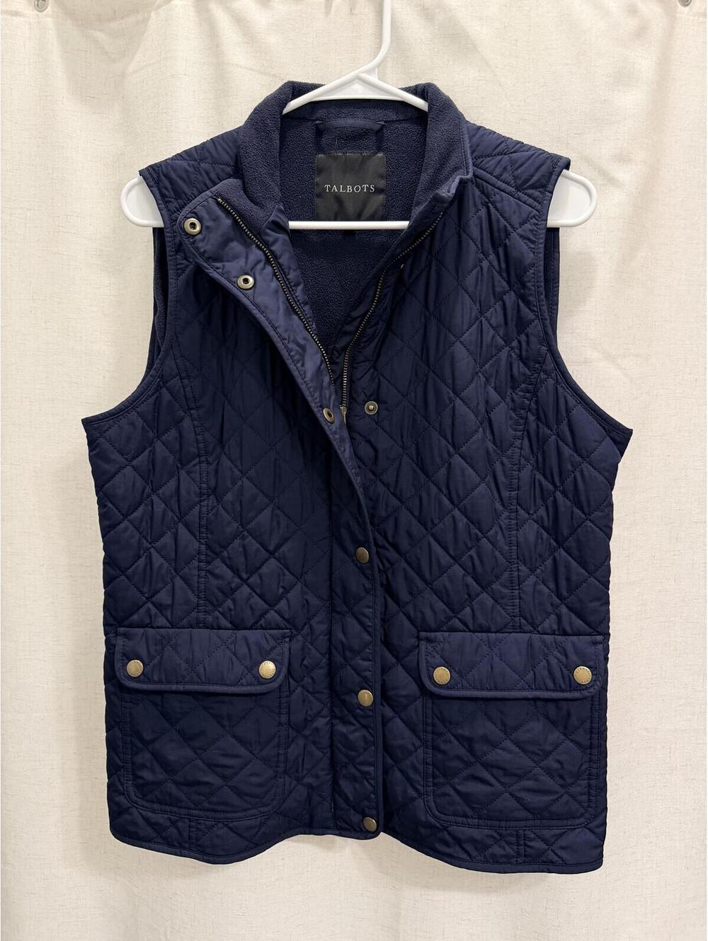 Talbots Sz Medium Navy Quilted Snap-Front Fleece-Lined Vest